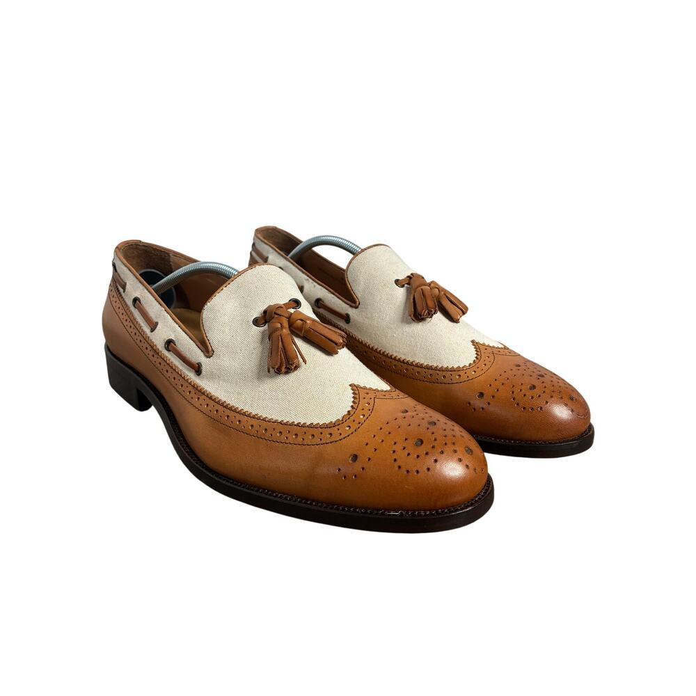 Paul Frederick Men's Size 9M Two Tone Leather Canvas Italian Tasseled Loafer - Picture 1 of 14